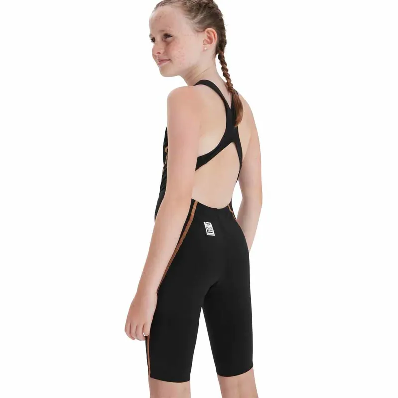 Speedo Girl's LZR Racer X Openback Kneeskin Swimsuit Black/Gold-3